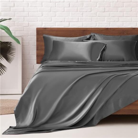 MR&HM Satin Bed Sheets, Queen Size Sheets Set, 6 Pcs Silky Bedding Set with 15 - Picture 1 of 14